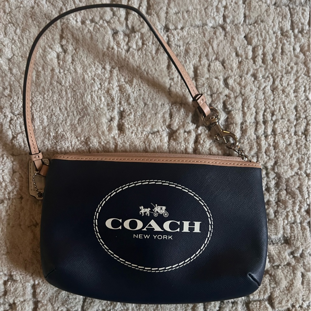 Coach Dark Blue Wristlet with Beige Strap